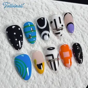 Pop Art Press On Nails | Medium Almond, 10pcs Bold abstract designs with geometric lines, polka dots & vibrant color blocks Modern artistic style, statement nails for fashion & daily wear, reusable fake nails