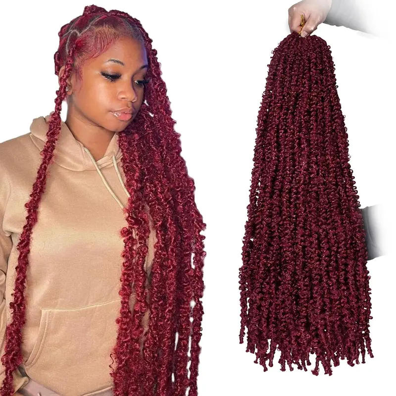 2Packs 30 Inch Butterfly Locs Crochet Hair Burgundy Faux Locs Synthetic Hair Extension for Women (30 Inch, BUG#）