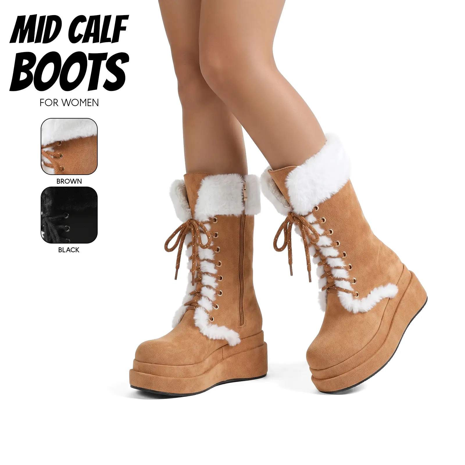 Fur Boots For Women Snow Boot Round Toe Platform Wedge Heel Side Zipper Mid Calf Warm Cozy Faux Fluffy Fur Chic Lace Up Design Slip On Gifts Party Thick Fashion Shoes Chilly Day Fur boots y2k Trending Shoes