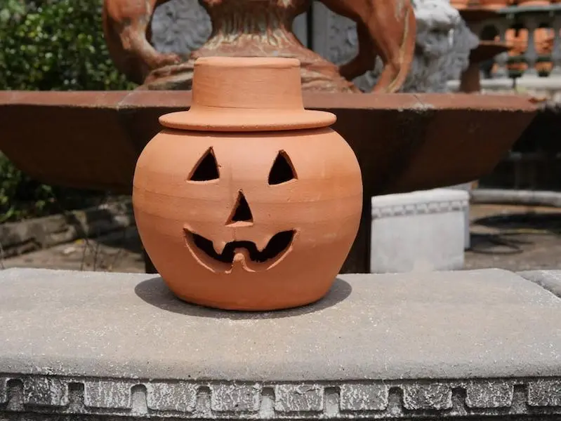 Handmade Clay Ceramic 1 Gallon Terra Cotta Jack-o'-lantern Pumpkin with Hat from Craven Pottery