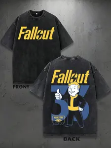 Urban Streetwear Black Washed Fallout Gaming Graphic T Shirt for Men Women Fallout Yellow Front Text Pocket Print Crewneck Cotton Tee Casual Top for Daily Activities and Post Apocalyptic Wasteland Enthusiasts