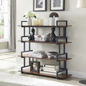 Clearance Sale! Huge Savings！4 Tier Office Bookcase Shelf Rustic Wood Metal Bookshelves Freestanding Open Book Shelf, Industrial Tall Corner Bookcase Easy to Assemble for Home Office, Living Room and Bedroom