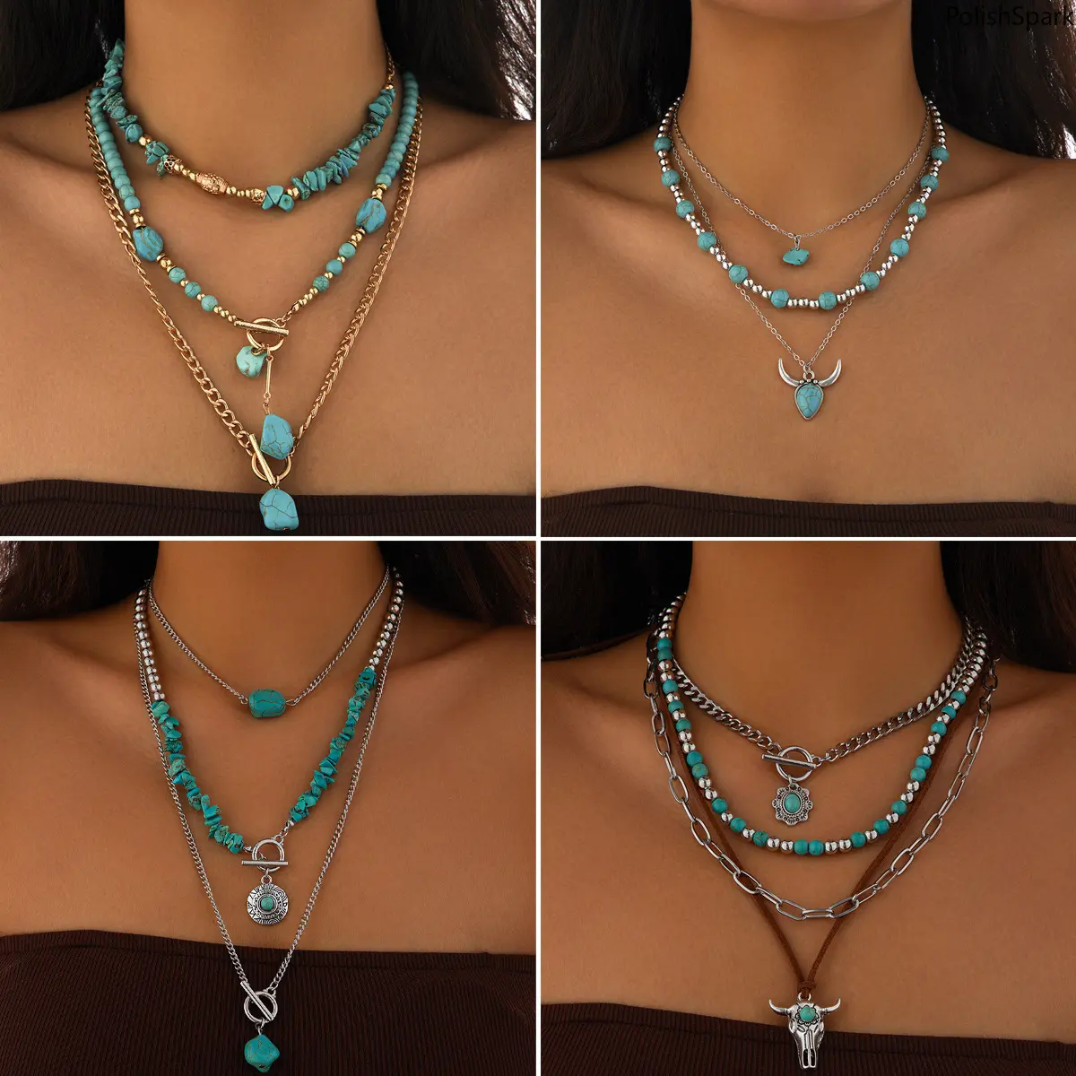 Western Cowgirl Turquoise Layered Necklace Set - Bohemian Stackable Necklets, Western Jewelry, Ideal for Country Style Daily Wear (Sports & Outdoor Accessories) summervibes,summerwins