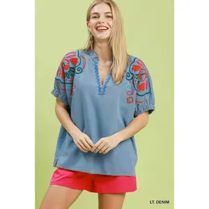 Umgee Embroidered Denim Puff Sleeve Top