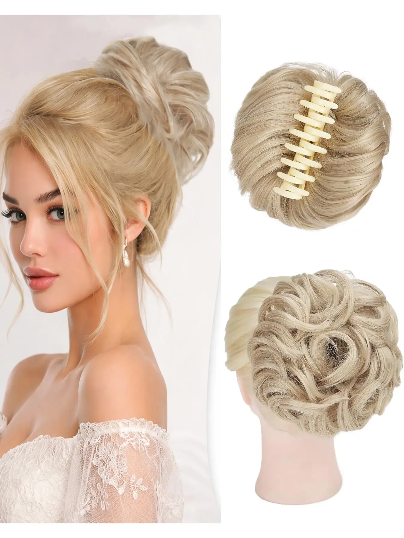 Messy Bun Hair Piece Claw Clip Bun Hair Accessories for Women Messy Wavy Curly Hair Bun Extensions Short Tousled Updo Synthetic Hair Extensions(Light Ash Brown & Bleach Blonde) Clip On Hairpieces
