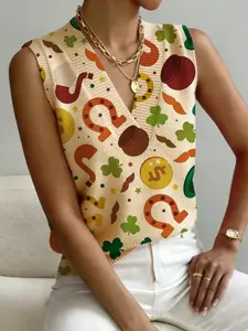 Women's St Patrick's Day Clover Print V Neck Sleeveless Knit Sweater Vest, Casual Breathable Colorblock Top for Spring Summer Fall