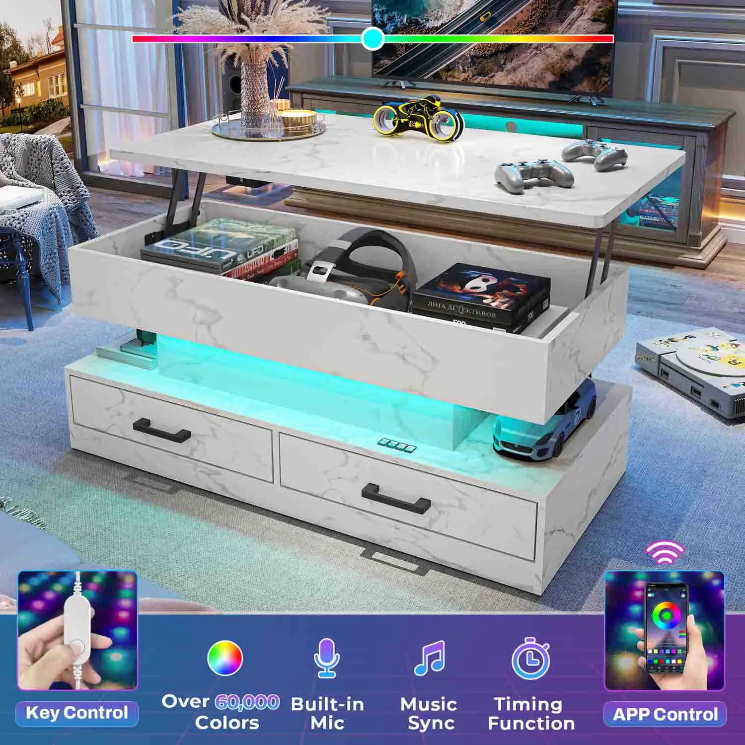 Sikaic Lift Top Coffee Table with LED Lights, 40 Inch White Marble Coffee Table with 2 Drawers for Living Room Furniture