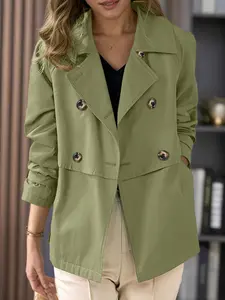 Women's Solid Color Outerwear Jacket Coat, Womenswear Long Sleeve Collared Lapel Double Button Design, Casual Fitted H-Type, Daily Commute