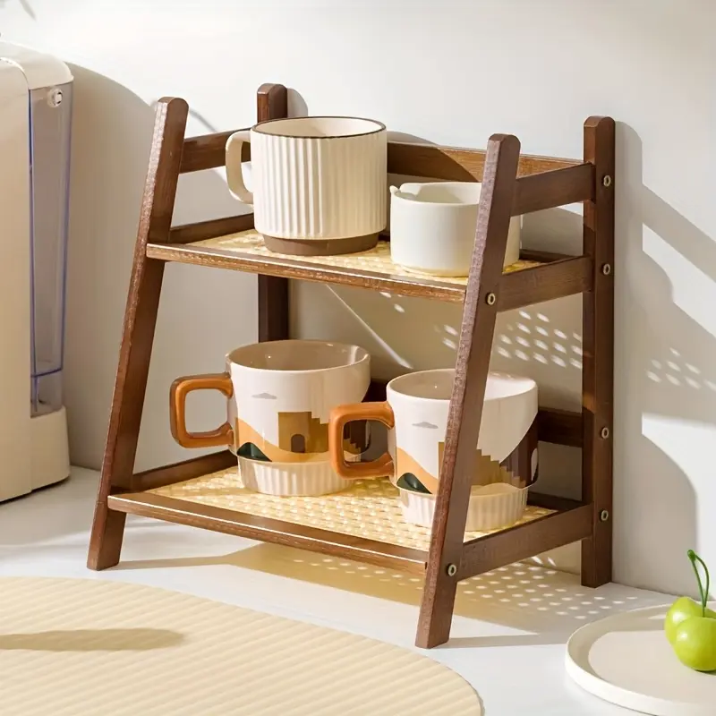 A Two-Tier Double Tiers Storage Rack for Cups, a Mini Shoe Rack, a Laundry Room Shelf, an Ins-Style Rattan-Like Cup and Coffee Holder, And a Kitchen Spice Jar Organizer, Standing Shelf