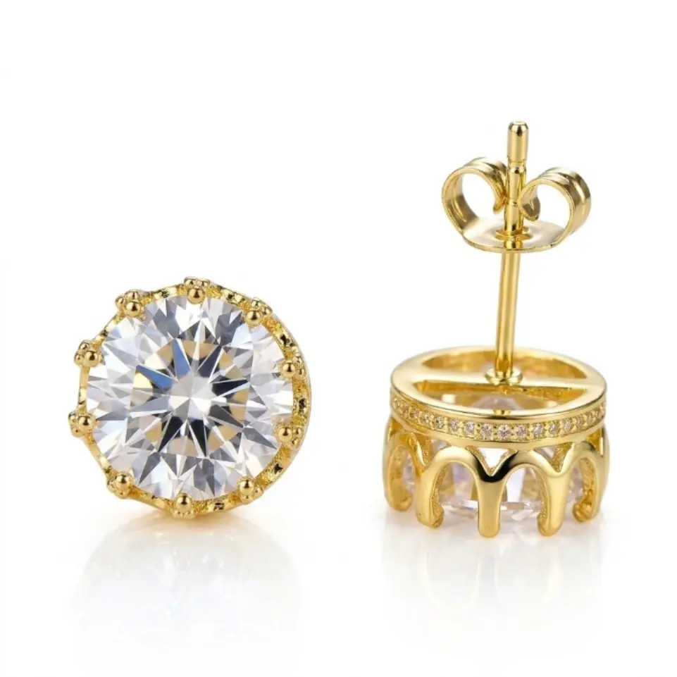1CT Round White Cubic Zirconia Crown Earrings, Elegant Vintage Gold Studs For Her Anniversary Bridal