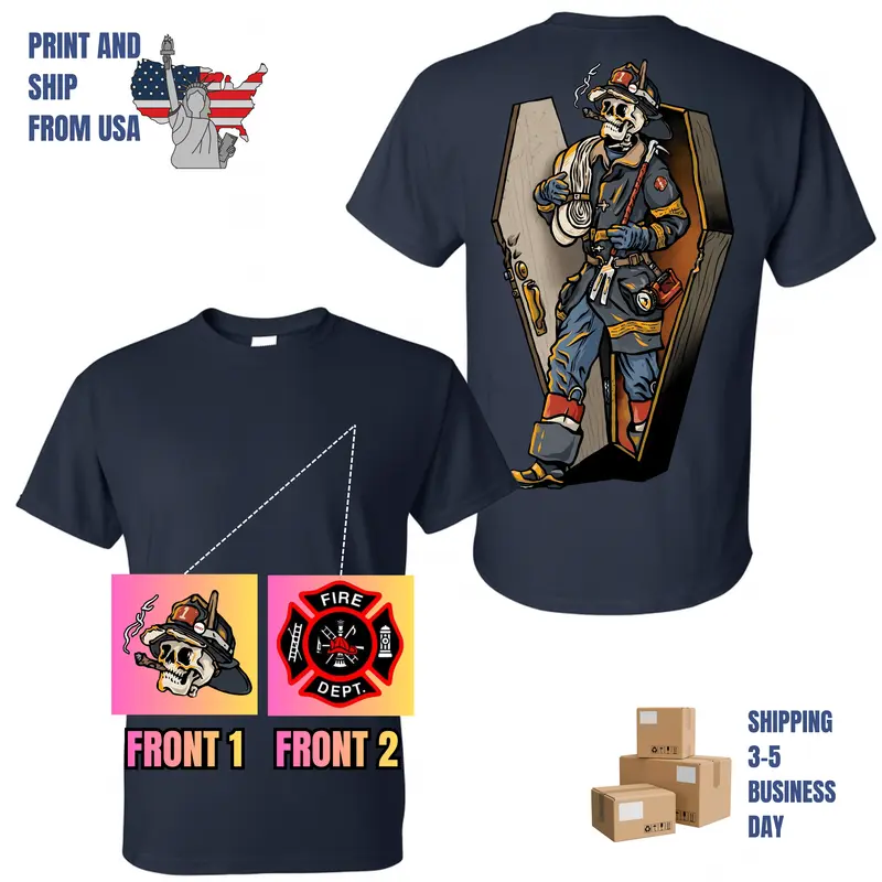 Grim Firefighter Skull Extinguishing Flames Graphic T-Shirt, Dual