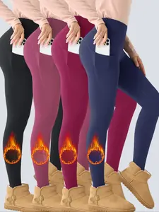 4PCS Women's Winter  Tummy Control Pocket Outdoor Sports Warm Pants Ski Leggings, High Waist Fleece Lined Leggings,Solid Tight Fit Yoga Pants with Pockets, Stretchy High Waist