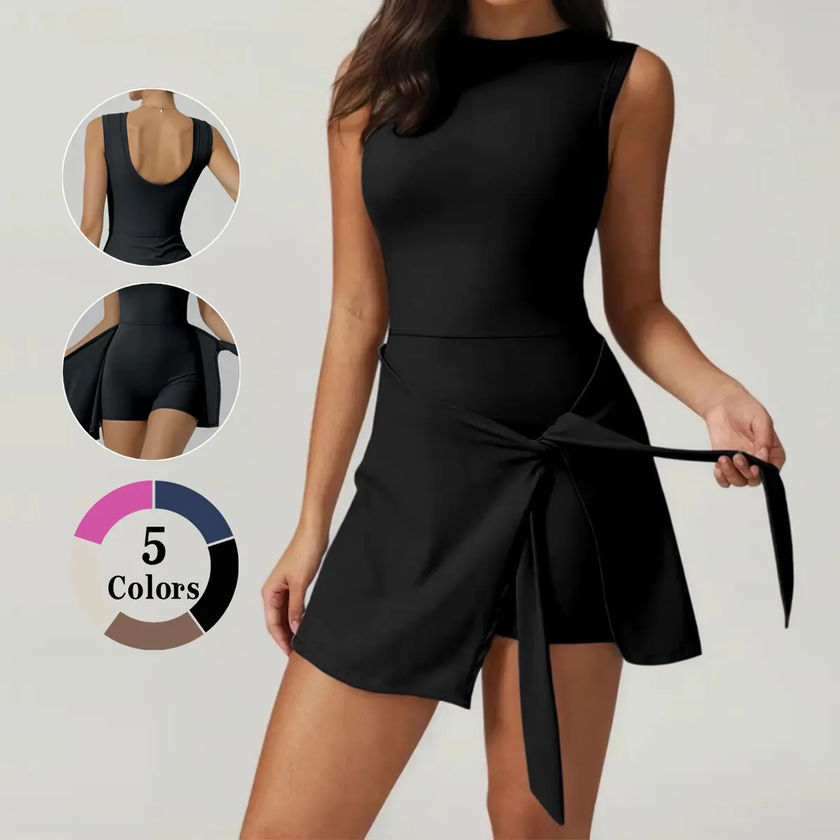 Kabuer Women's High-Stretch Nylon Sleeveless Crew Neck Active Dress Style Athleisure Workout Wear - Ruffle Side Slit, Built-in Shorts, for Golf, Tennis, Spring Summer Women's Dresses, Clothes, Short Dress For Women