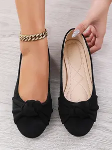 Women's Fashion Casual Flat Shoes, Round Toe Flats, Bowknot Design Shoes, Slip On Flats, Bow Decor, Plain Elegant Versatile Basic Design, Large Size Comfortable Ladies Footwear