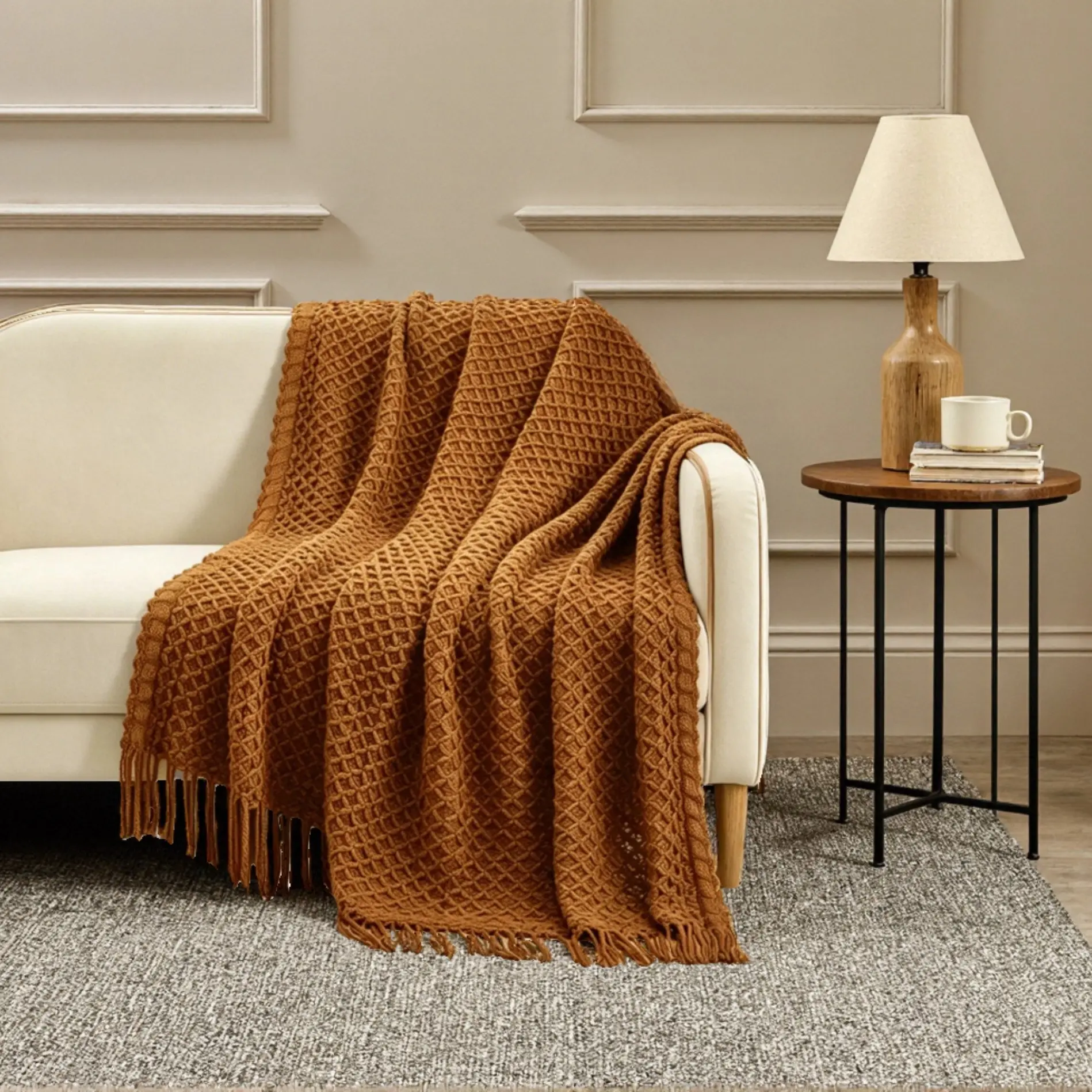 CREVENT Knitted Blanket Soft Throw Blanket 3D Diamond Pattern, Bohemian Style, Suitable for Sofa Chair Bed Home Decor, All Seasons Use, Blanket for Couch