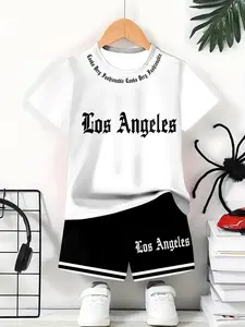 2 Piece Set for Boys with and Letter Print, Casual Short Sleeve T-Shirt and Track Shorts, Outdoor Fashion for Kids