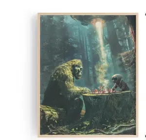 Vintage Bigfoot Sasquatch Print, Bigfoot play Chess poster, Rustic Outdoor Cabin Wall Art Decor, Gift for Him Birthday Fathers Day, Frameless