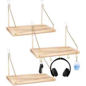 3-Pack Wooden Cubicle Shelf for Fabric Walls with Hooks, 12x6in Hanging Organizer Gold Shelves for Office Accessories, Stylish Cubicle Decor Storage for Women Work Desk