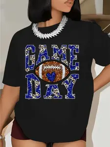 Women'S Game Day Football Graphic T-Shirt - A Casual Crew Neck Tee with Short Sleeves, Made from Breathable And Machine Washable 180G Durable Fabric. This Comfortable Black T-Shirt Is Perfect for Summer, Featuring a Fun Print And Classic Fit