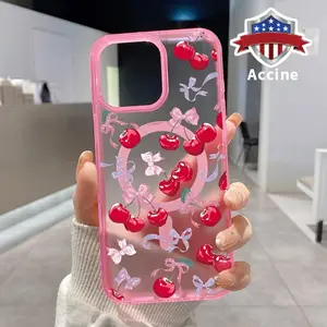 Magnetic Soft Case for iPhone 16 Pro Max 15 Plus 14 13 12 11 XS E XR Cherry - Bow Enchantment Pattern Shockproof ultra-thin Silicone Crystal Transparent Protective Cover Supports Wireless Charging