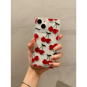 1pc Red Cherry Graphic Transparent Anti-Drop Cushioned TPU Phone Case Compatible With Iphone 15/14/13/12/11/7/8 And Series