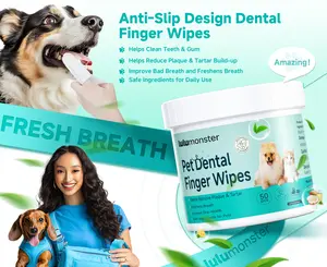 Lulumonster Pet Dental Finger Wipes Tooth Brushing Kit for Dogs & Cats Removes Plaque Tartar Freshens Breath No Rinse Design 50 pcs Anti-Slip Design