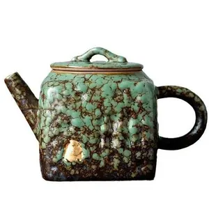 Traditional Ancient Clay JianZhan Square Teapot with Green Crackle Glaze, Lid, Gold Accent, plus Forest-Inspired Handcrafted Artisan Masterwork Porcelain Cup