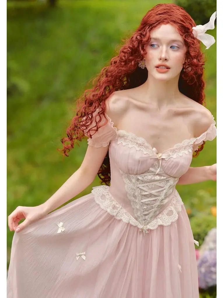 Pink Mist Fairy Corset Dress, Polyester Fabric, Floral Lace Waist,  Handcrafted Flower Bow Detail for Feminine Elegance - TikTok Shop