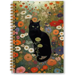 Wildflower Black  Notebook, Cats Lover Mom Lady Gifts, Black Kitten Floral Journal,  Office Supplies,  Otebooks for School Officen 5.5x8.3 Inch