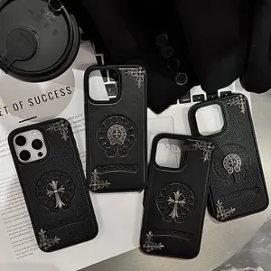 Chrome Heart Luxury Gothic Cross Phone Case Leather Texture Cover For iPhone 13 14 15 16 17 Pro Max