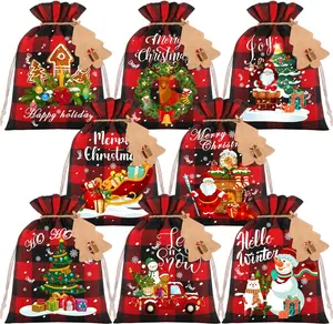 24PCS Christmas Small Burlap Bags, 5x7in Christmas Drawstring Treat Bags, Xmas Red Plaid Linen Gift Reusable Candy Goodie Wrapping for Holiday Party Favors Supplie