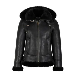 Women's Black Leather RAF Shearling Jacket with Hood