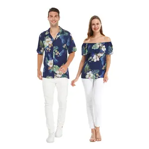 Matchable Couple Hawaiian Luau Shirt or Off-Shoulder Ruffle Muumuu Top in Pineapple Garden Navy
