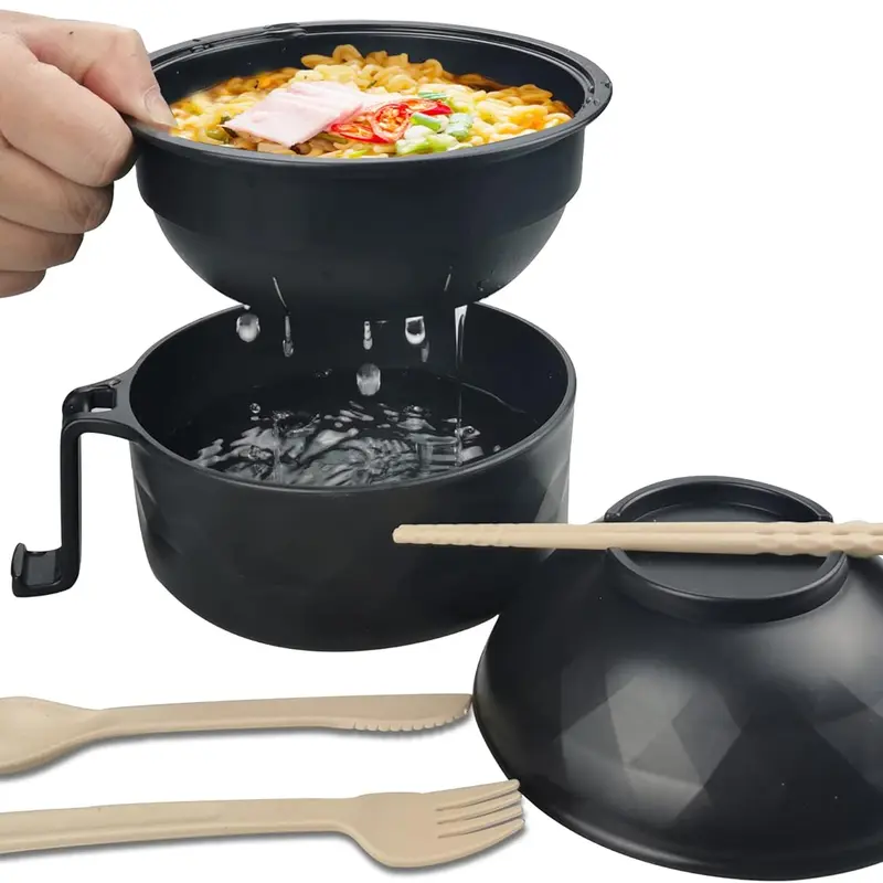 MIUVA Modern Solid Polypropylene Irregular Ramen Cooker Bowl Set (33oz,16.9oz) - BPA Free, Heat Resistant, Scald-Safe Handle Tableware with Chopsticks, Cover, Cutlery, Easy Use for College Dorms, Dishwasher Safe