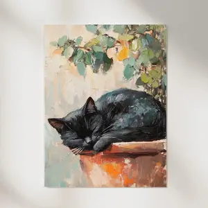 Catful Wall Art Sleeping Cat Painting Cozy Home Decor Hanging Black Cat Artwork for Home Decor
