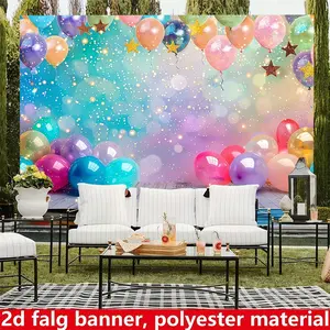 Colorful balloon birthday backdrop banner, made of polyester fabric, featuring bright balloons and sparkling stars. Suitable for living rooms, bedrooms, offices, birthdays, anniversaries, home décor, outdoor and indoor parties, photography backdrops