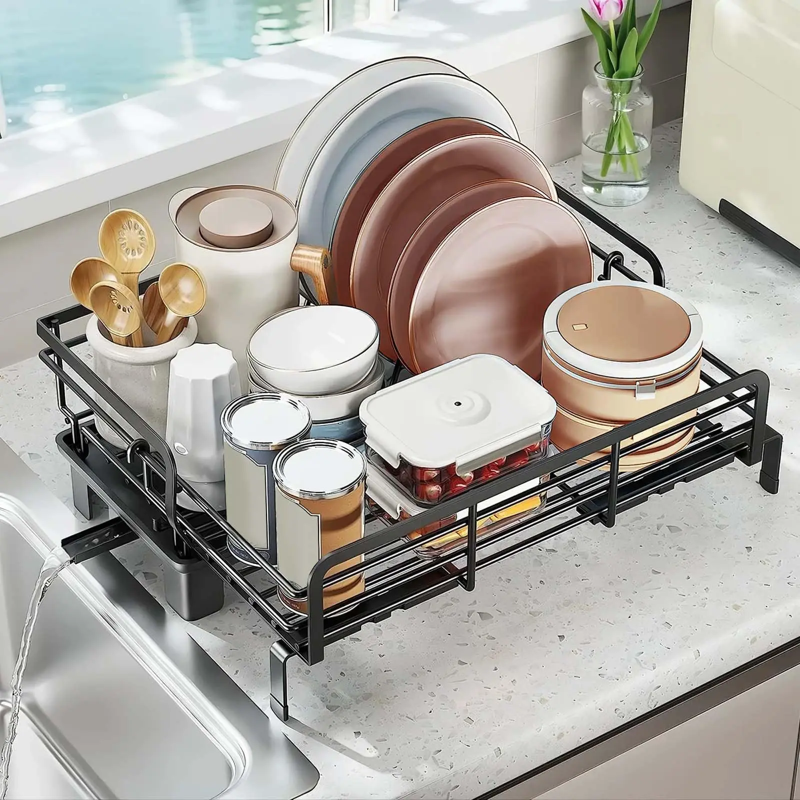 Extendable Stainless Steel Dish Drainer - Countertop Dish Rack with Drainboard, Cutlery Holder & Adjustable Organizer for Kitchen, Small Spaces