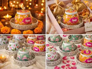 Trending Pichwai jar with German Silver tray combo, Indian return favors, Desi Wedding Gifting, Housewarming return favors, pooja gifting