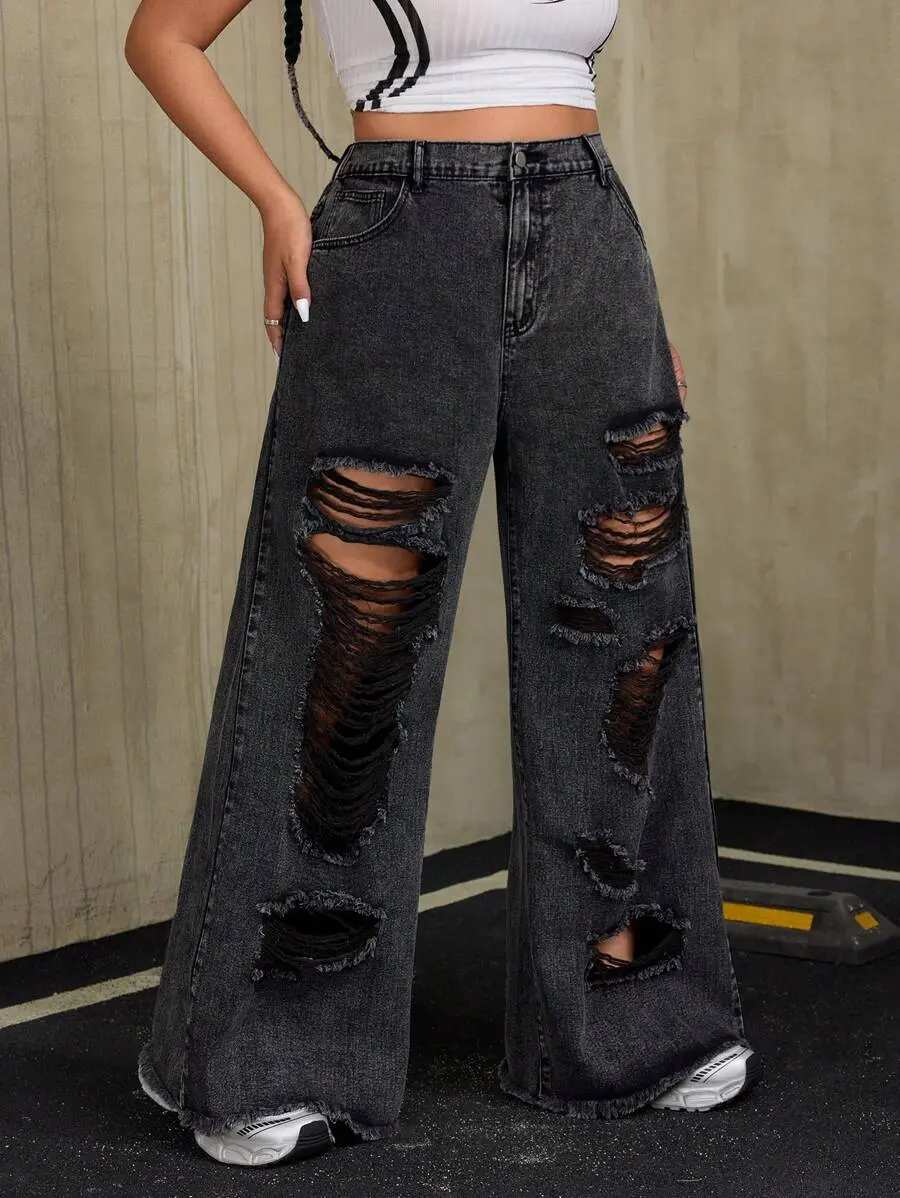 Plus Size Women Loose Fit Distressed Pocket Wide Leg Casual Jeans