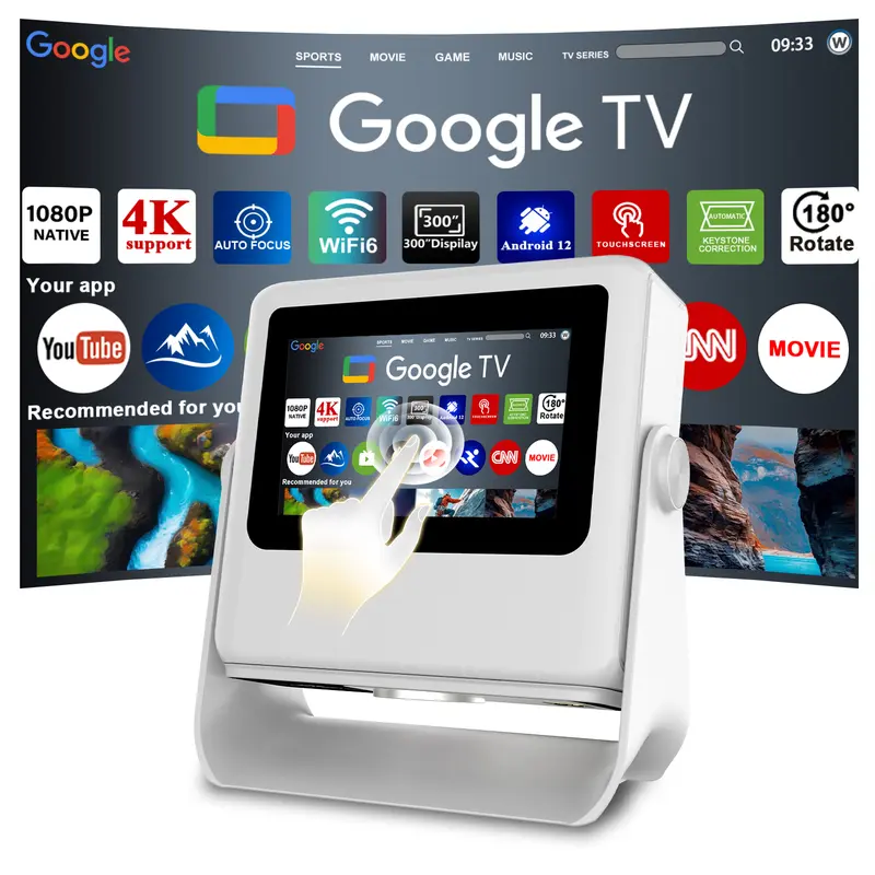 AEPUOSEM Portable 7" Touch Display Projector, Native 1080P, 4K Support, 800 Lumens, WiFi 6, Bluetooth 5.2, Auto Focus Keystone, Smart Android, iOS/Android Mirroring, Gimbal Mount, Projector for Bedroom Home Use, Gift Box, Wireless Speaker