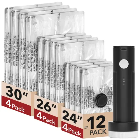 Travel Vacuum Bags for Luggage with Portable Electric Pump 12 Combo 4L/4M/4S Packing Seal Bags for Clothing Suitcase Backpack Space Saver Compression Clothes Storage Bags with Rechargeable Wireless Electric Pump - Organiser