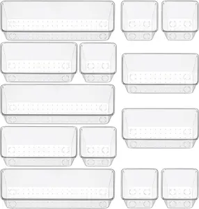 12 Piece Clear Drawer Organizer Set, 3 Sizes Bathroom Vanity Organizer Trays and Storage Bins for Makeup, Cosmetics, Jewelry, and Gadgets. Perfect for Office, Kitchen, Bedroom, Bathroom Use.