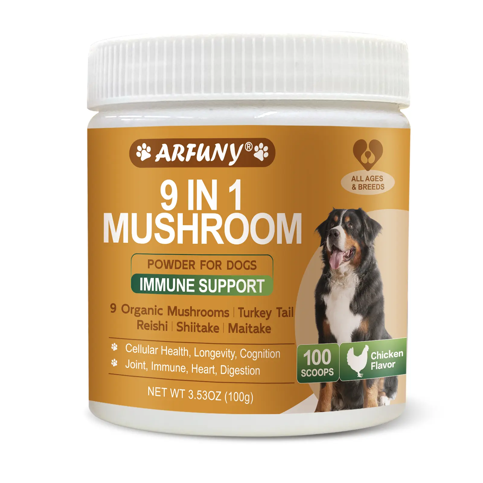 ARFUNY Turkey Tail Mushroom Immunity Powder for Pets Organic Dog Mushroom Supplement - 9 Herbal Mushrooms (Turkey Tail, Reishi, Lion's Mane) - Chicken Flavor - Hip & Joint, Immune Health Support