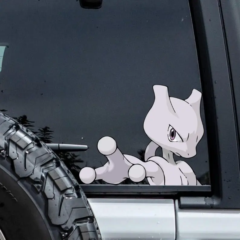 Mewtwo Peeking Sticker, Funny Gift Waterproof Glossy Sticker, Decal for Laptop, Water Bottle, Car, Gamer Gift Car Vehicle Decoration