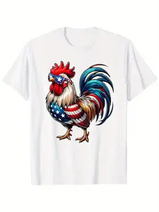 Funny Chicken Patriotic 4th of July T-Shirt for Men - US Flag Fashion Glasses Rooster Graphic, Super Soft Breathable Cotton Tee, Moisture-Wicking Casual Round Neck Shirt, Independence Day Gift for Him, Chicken Themed Gifts, Moisturewicking Fabric