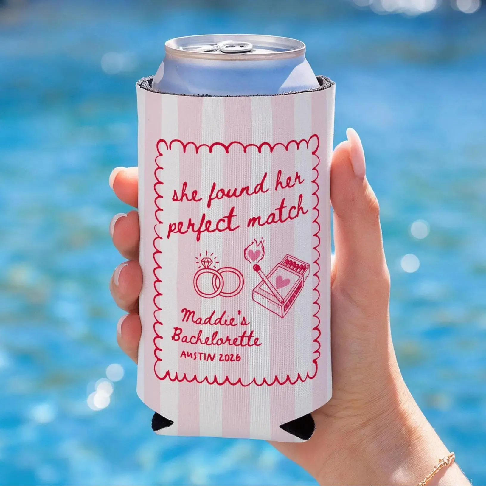 She Found Her Perfect Match Can Cooler, Perfect Match Bachelorette Party Favor, Match Theme Bach Koozie, Custom Bride Drink Sleeve