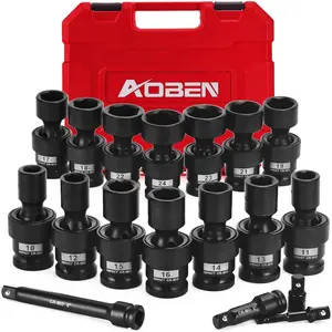 18 PCS 1/2" Drive Shallow Set, Swivel with Flexible Wobble, 6 Point, Metric,10-24mm,Cr-V, Includes Extension Bars and Adapter