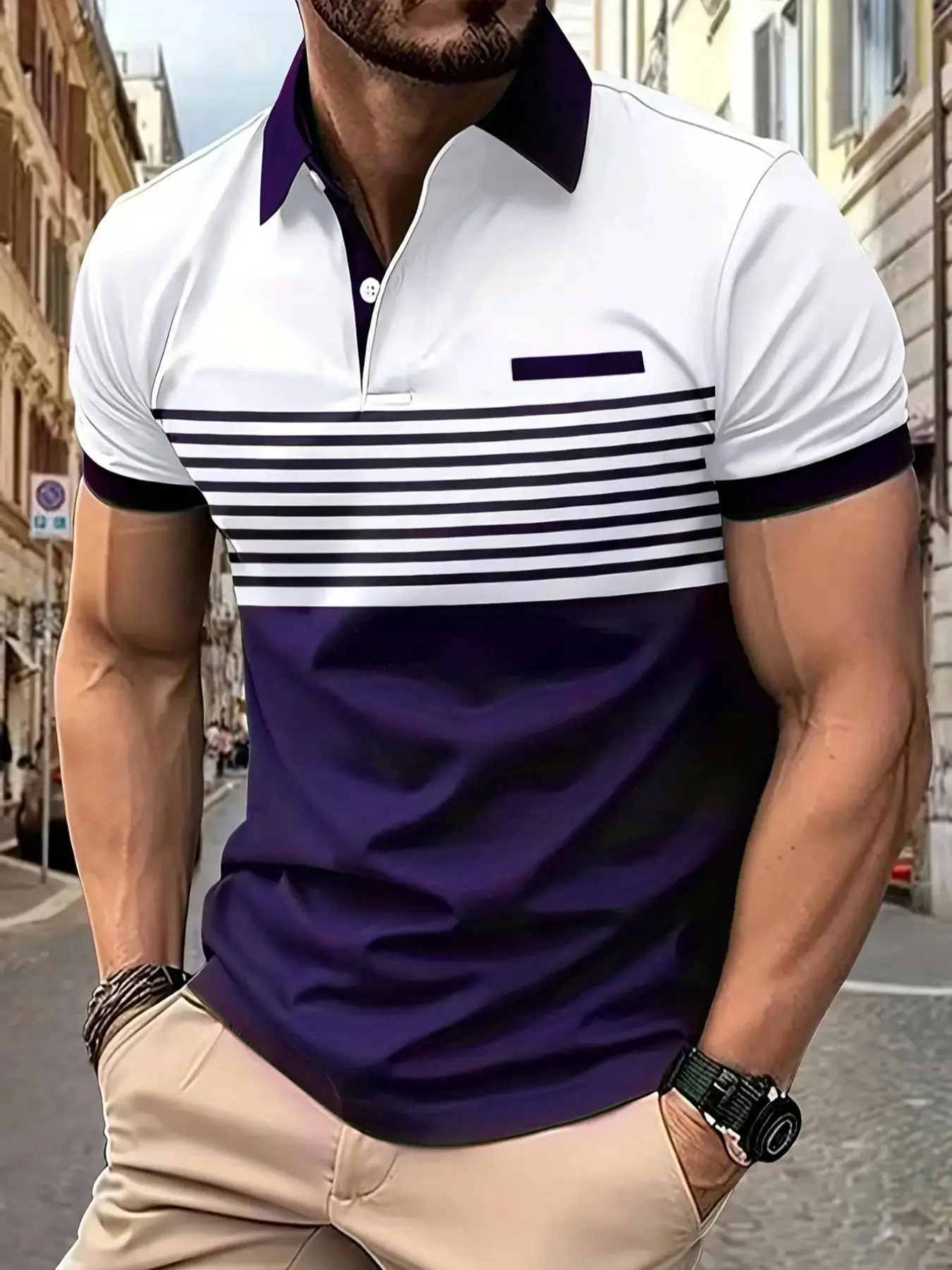 Men's Striped Print Polo Shirt, Regular Fit Casual Shortsleeve Button Front Top, Stylish Summer Clothes, Streetwear, Fashion Menswear Clothes for Dail