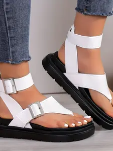 Summer New Thick Sole Rubber Roman Sandals, Thong Strap Buckle Ankle Wrap, Casual Beach Shoes, Women's Footwear, Comfortable and Stylish