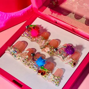 FY030-28-10 Pcs Handmade Duck Nails Jelly Eyeball Press-On｜Neon Spike & Chain Piercing｜OG Y2K Vibes